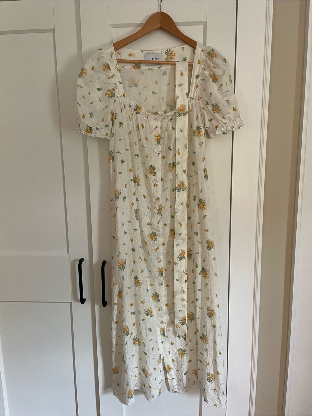 Sleeper Floral Puff-Sleeve Midi Dress in Cream and Yellow